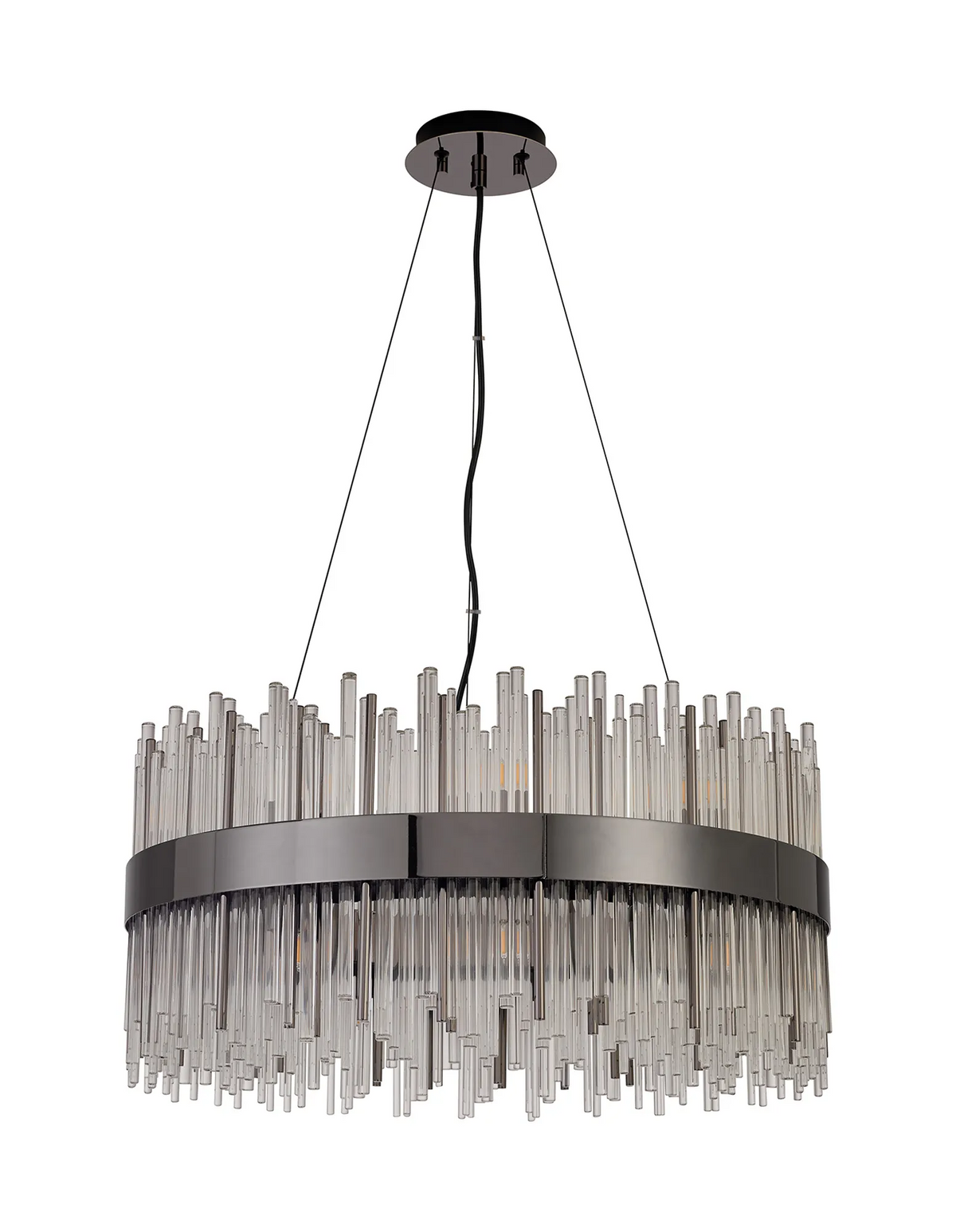 Round chandelier with a dark metal band and clear glass rods hanging at varying lengths