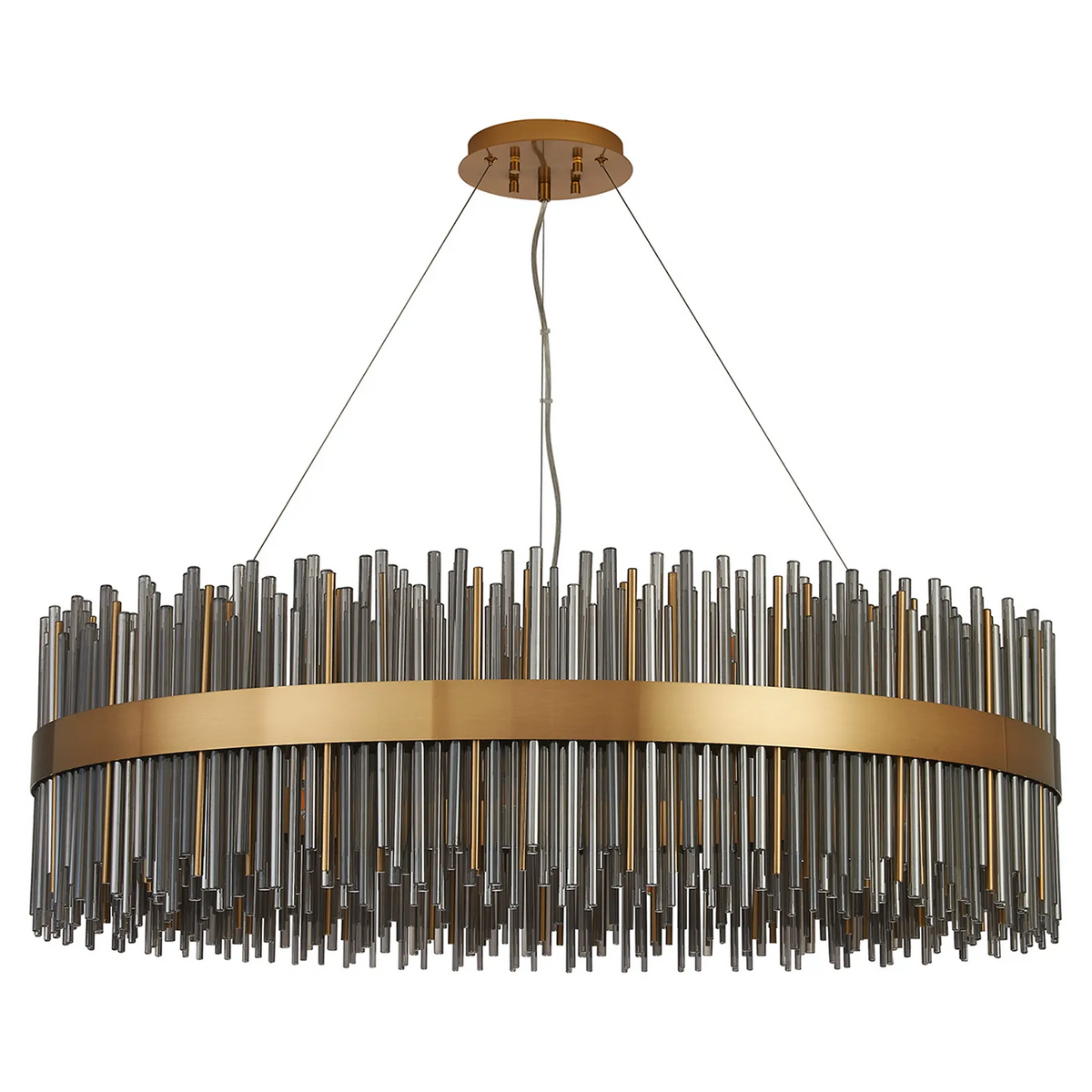 Oval chandelier with a gold band and vertical glass rods in varying lengths and shades of grey and gold