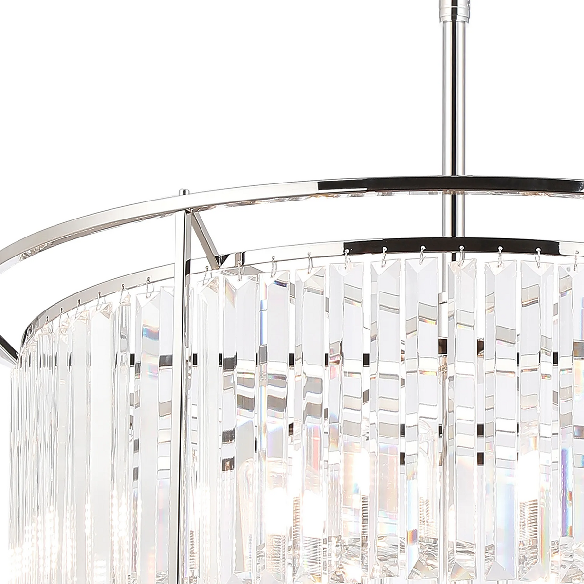Close up of a polished chrome chandelier with clear rectangular crystal prisms hanging from a circular frame