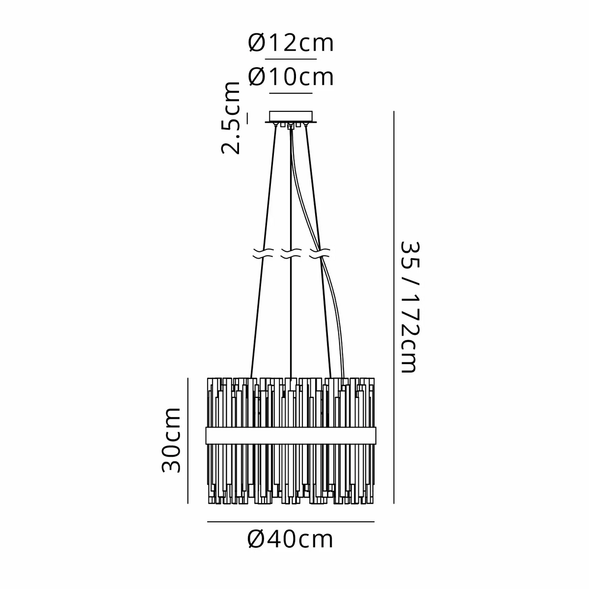 Line drawing of a chandelier with dimensions. The chandelier is 40cm wide and 30cm high. The total height is 172cm