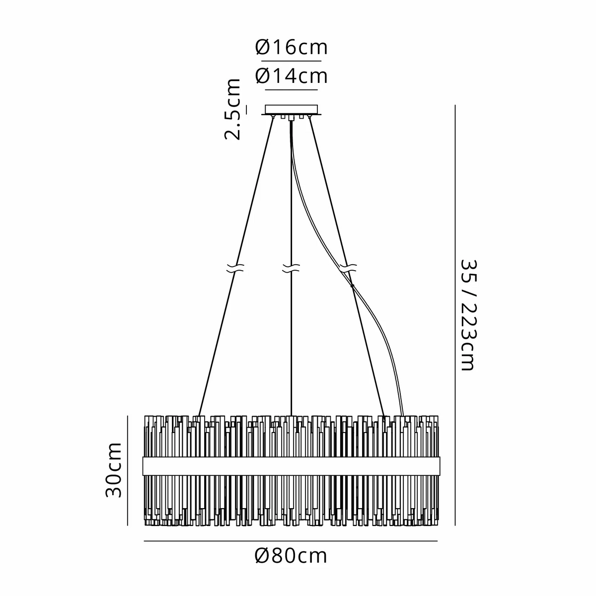 Technical drawing of a chandelier with dimensions: 80cm diameter, 30cm height, 35-223cm adjustable drop