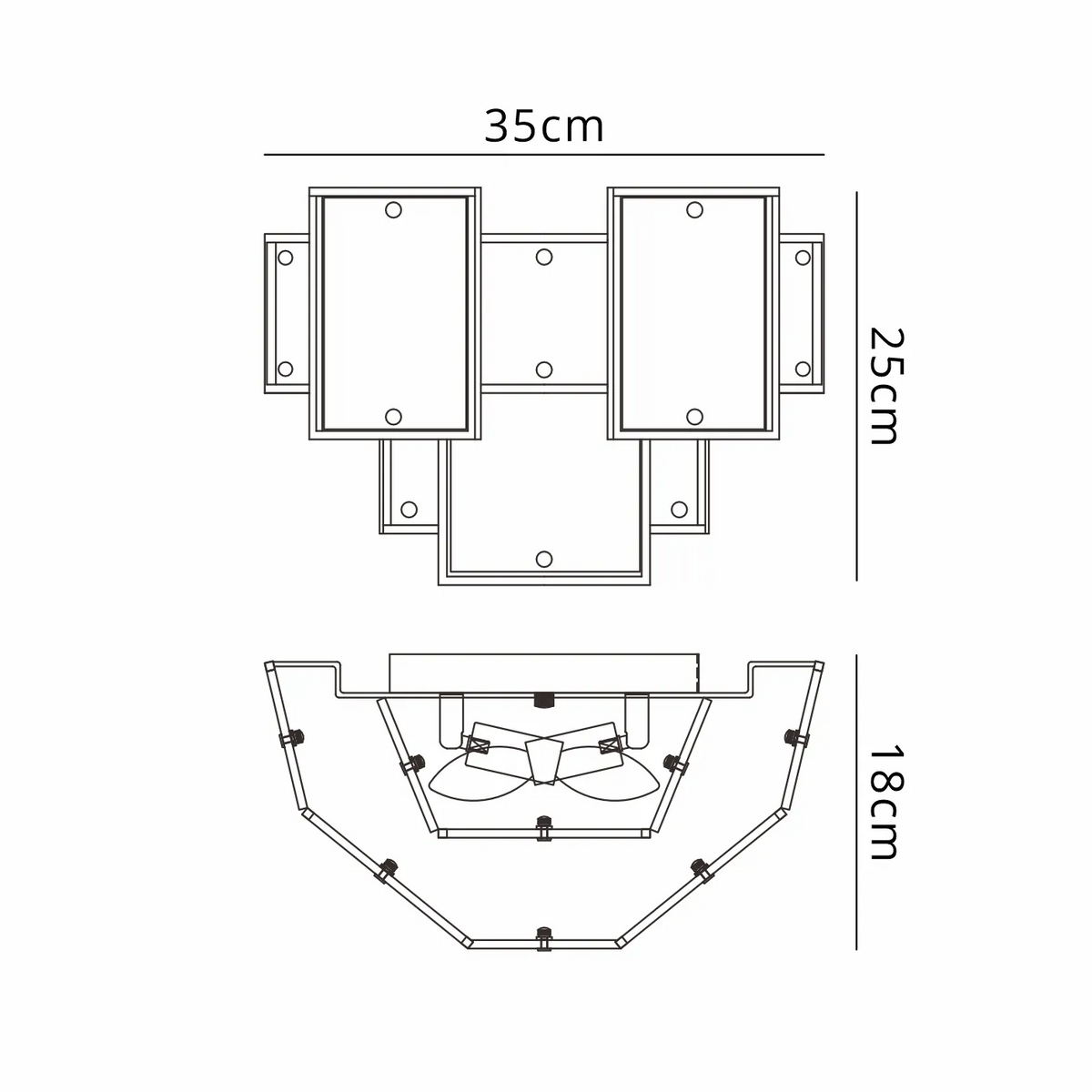 Technical drawing of a wall light showing front and side views with dimensions 35cm, 25cm, and 18cm