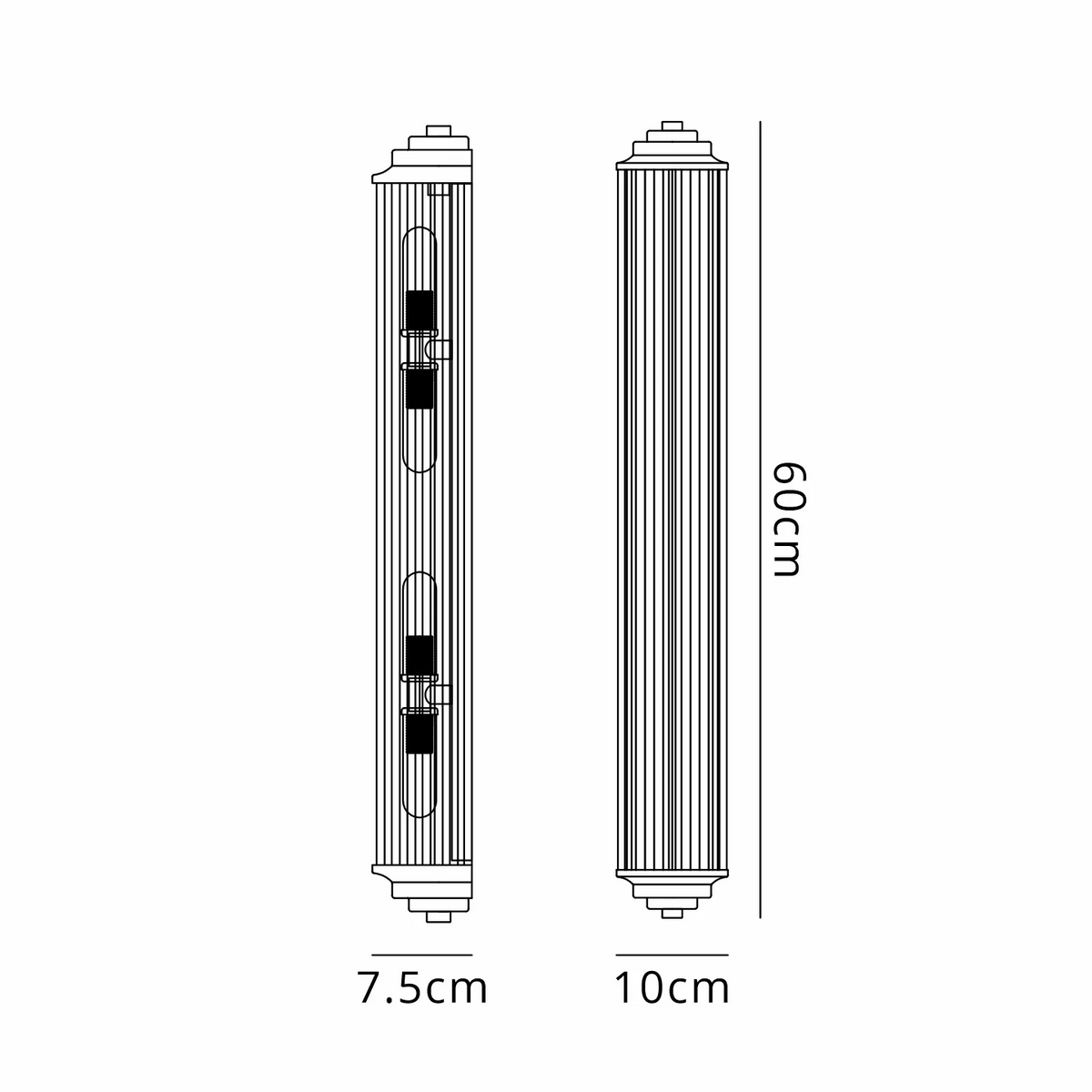 Line drawing of a fluted wall light with dimensions 60cm height, 7.5cm width, and 10cm depth