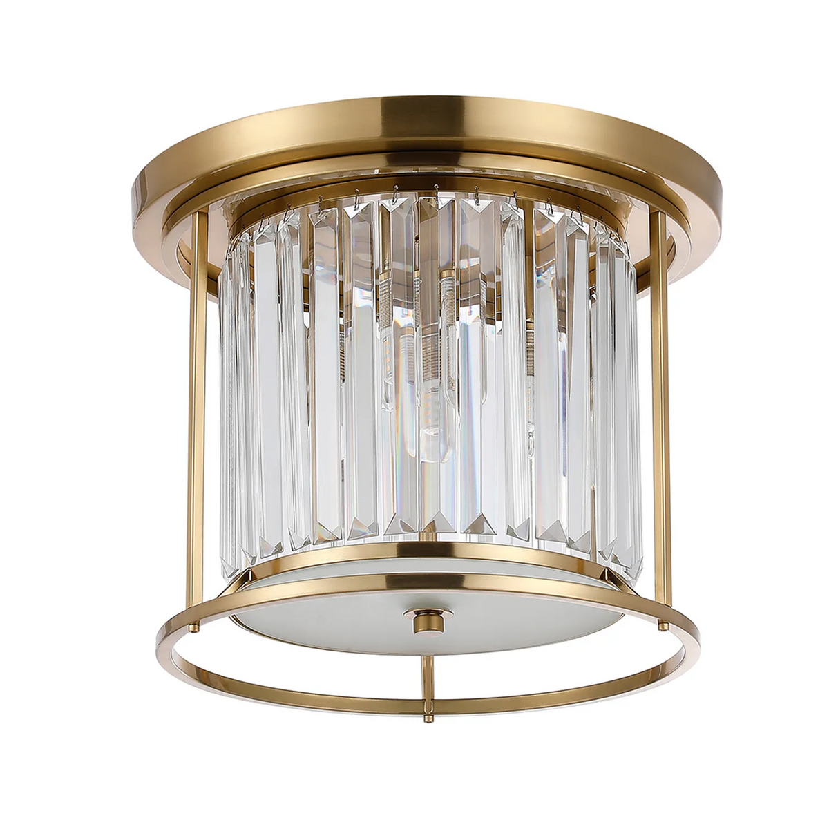 Gold flush mount light with clear crystal rods and a frosted glass diffuser
