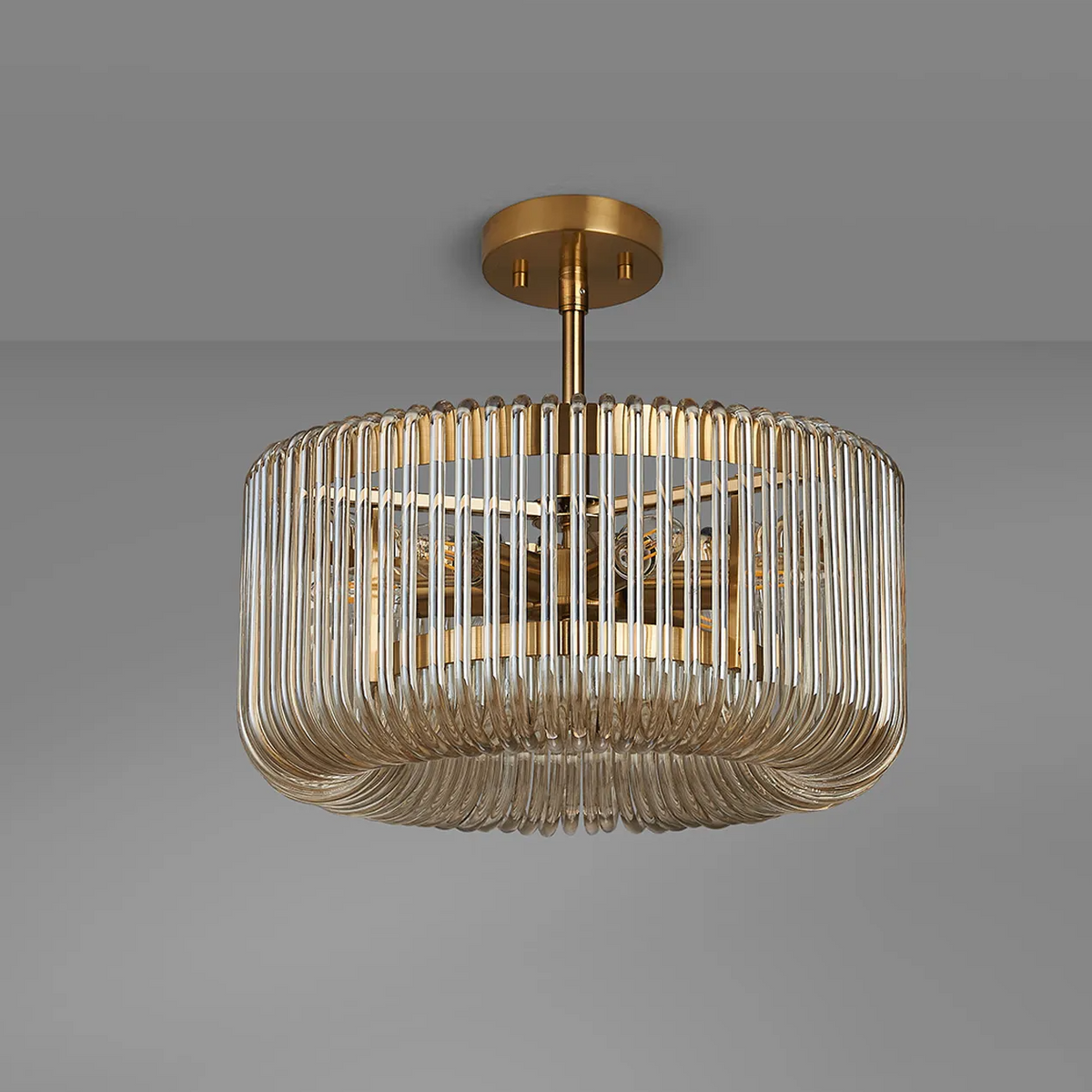 Jevington 400mm Pendant or Semi Flush in Brass with Smoke Brown Glass