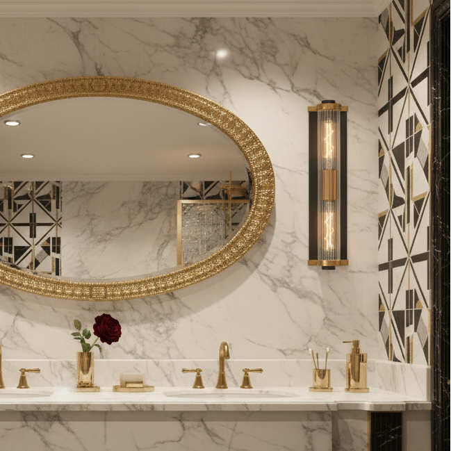 Beeley Large IP54 Wall Light in Black & Gold with Ribbed Glass Shade