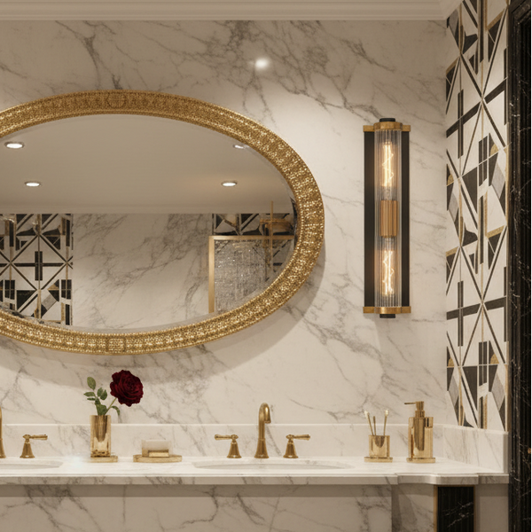 Beeley Large IP54 Wall Light in Black & Gold with Ribbed Glass Shade