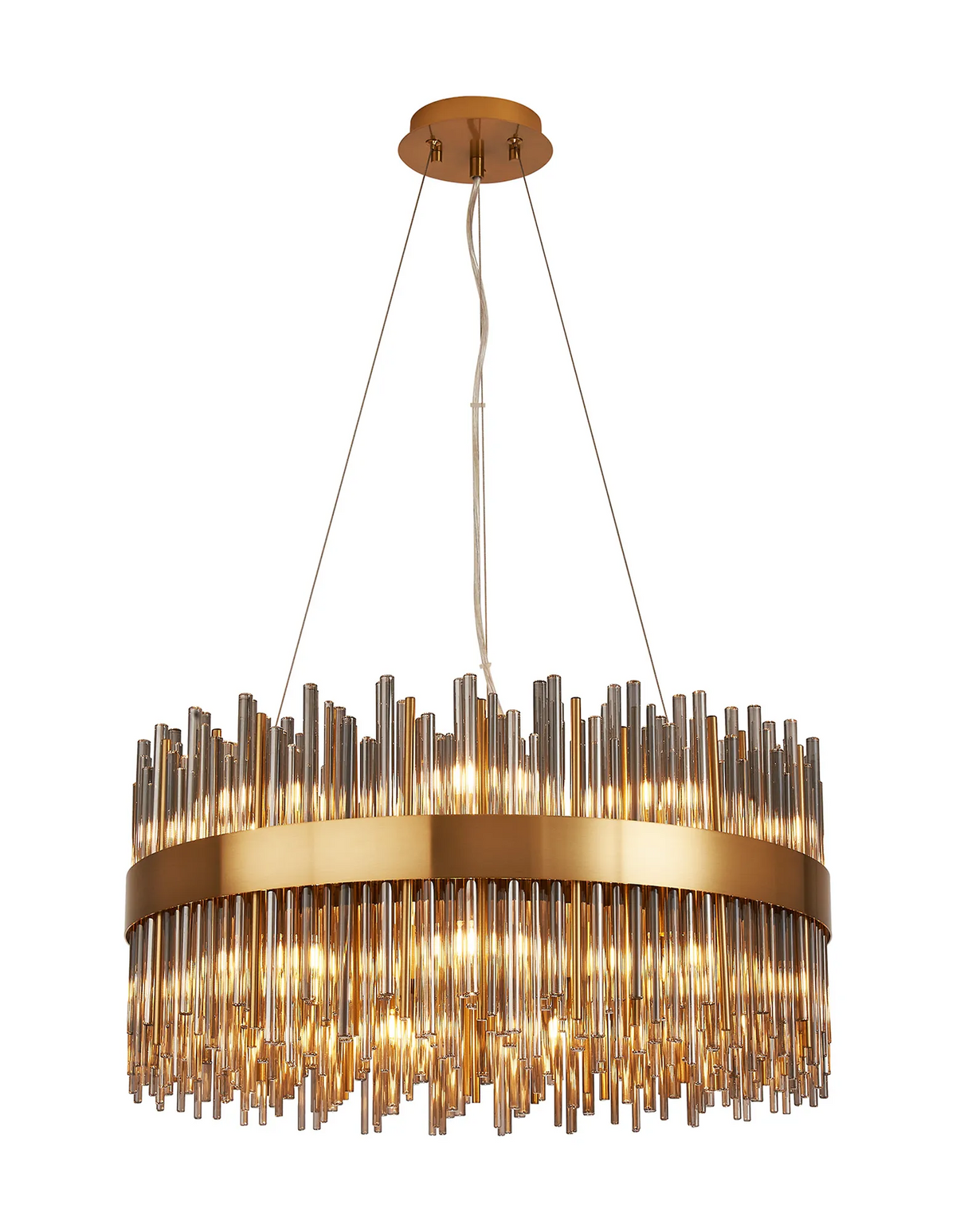 Round chandelier with a gold band and clear glass rods