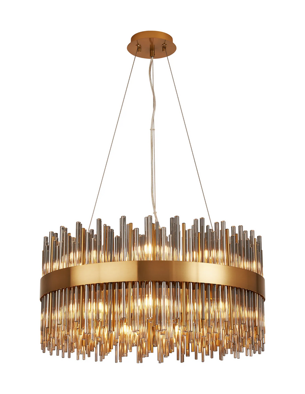 Round chandelier with a gold band and clear glass rods