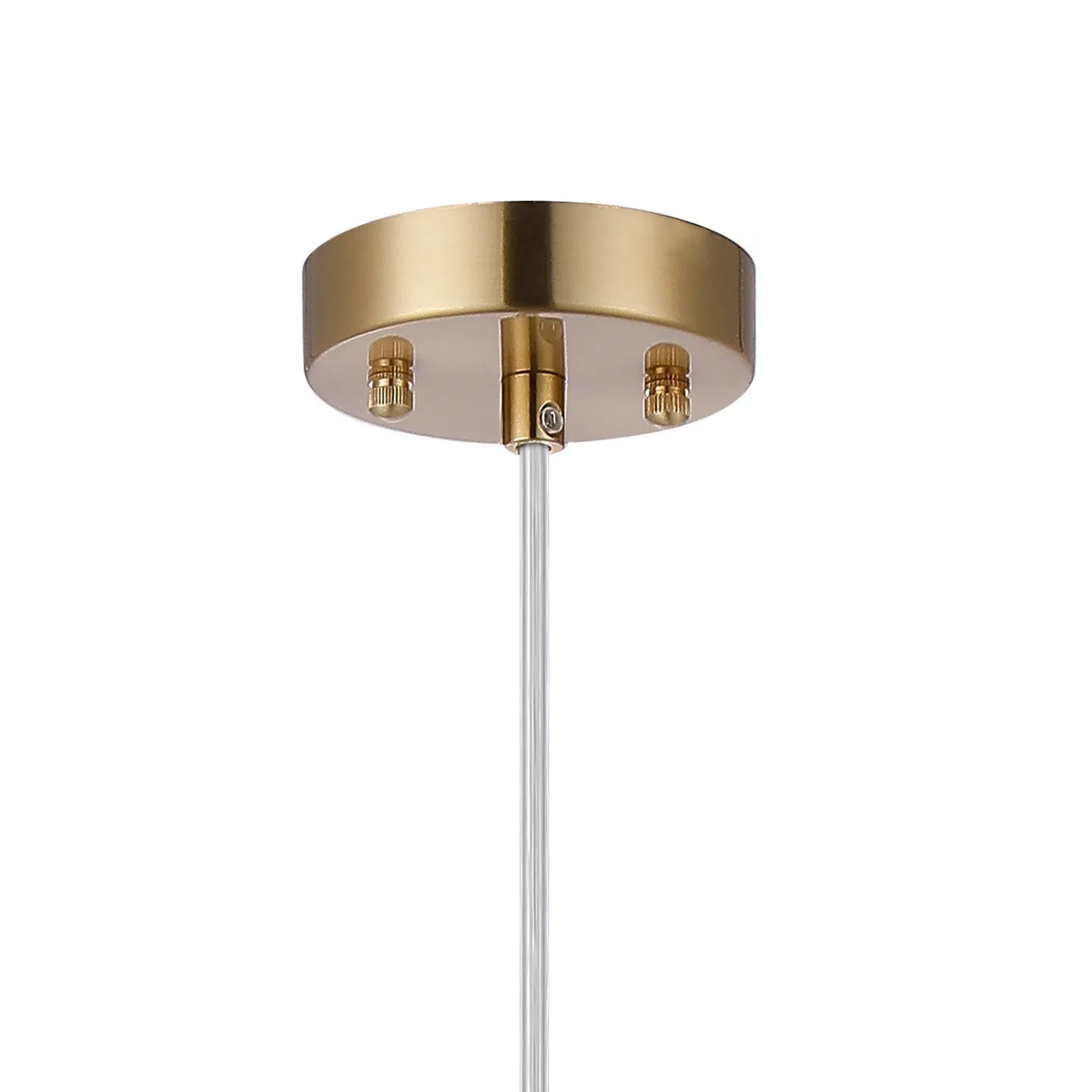 Close up of a gold ceiling plate with a clear cord coming out of the center