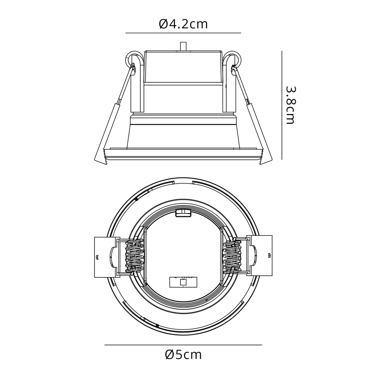 Technical drawing of a recessed downlight with dimensions