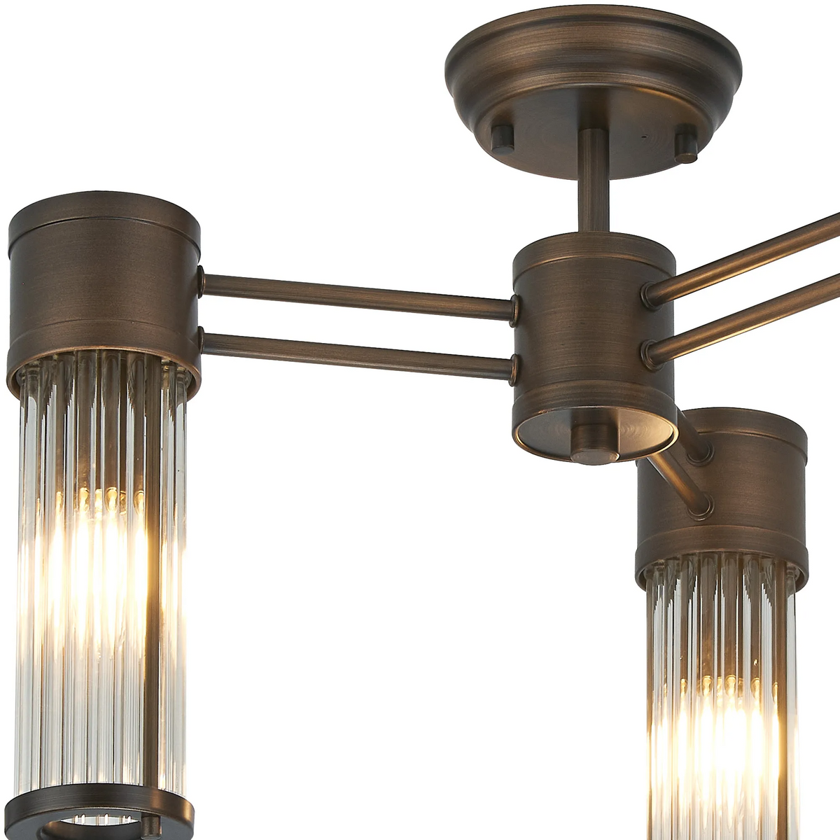 Tansley E14 IP44 Three Light Semi Flush Ceiling Light in Bronze with Clear Glass Rods