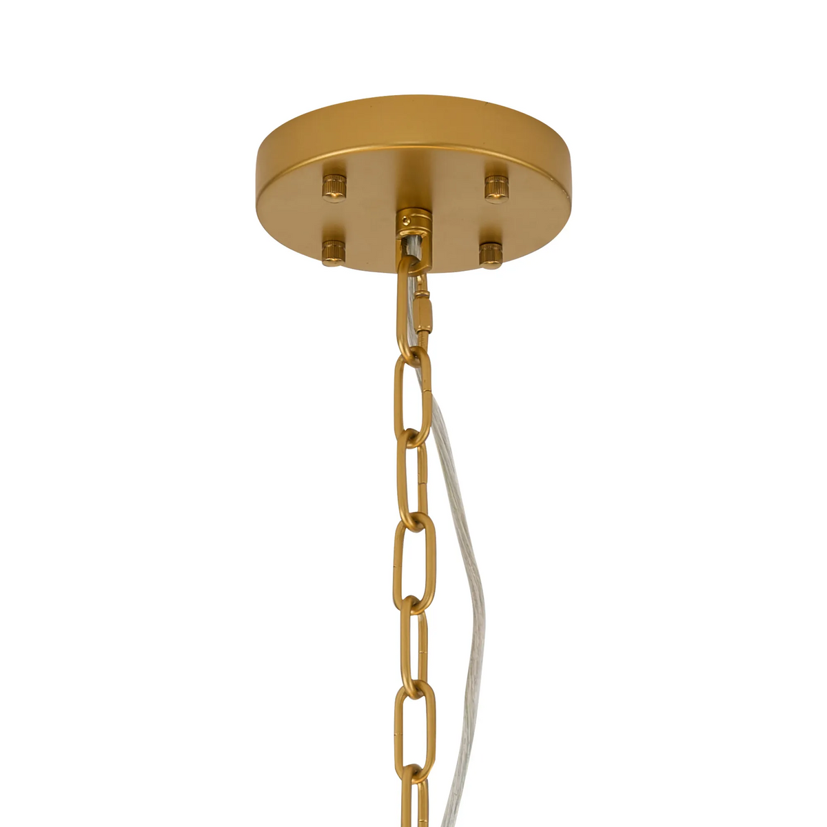 Gold ceiling plate with a gold chain and white electrical cord hanging down