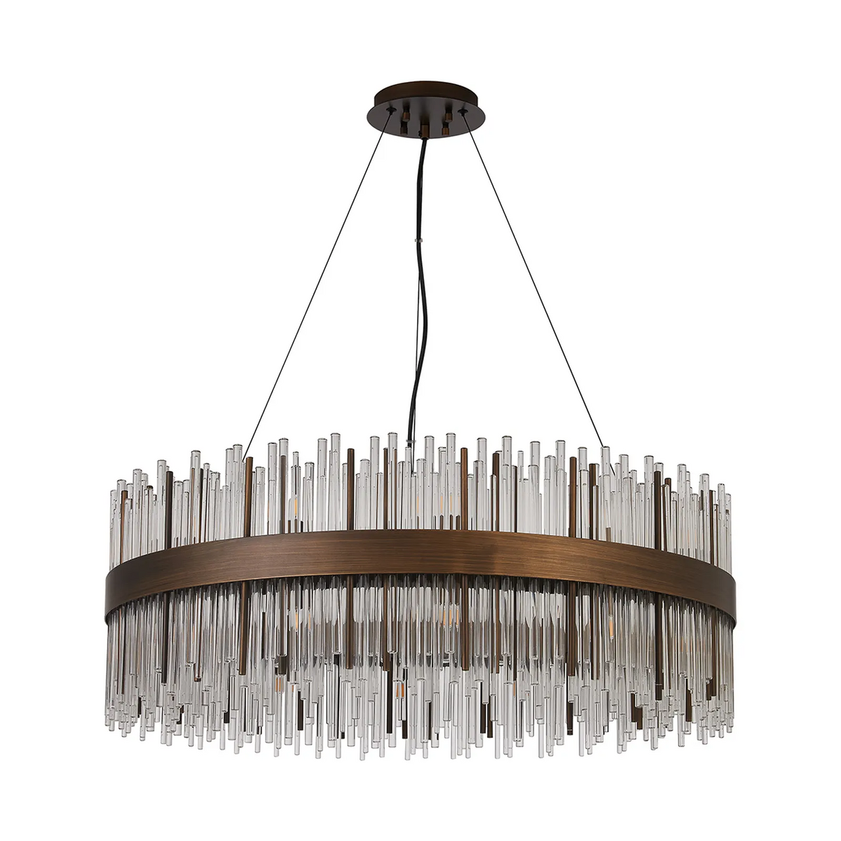 Round chandelier with a bronze frame and clear glass rods