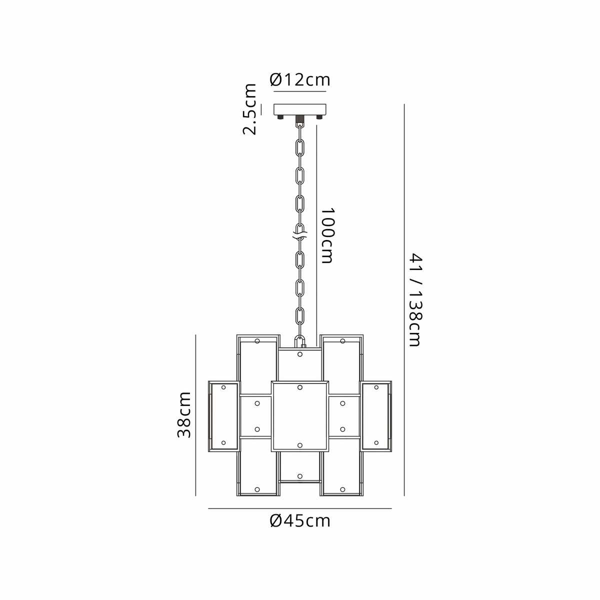 Technical drawing of a chandelier with dimensions: 45cm diameter, 38cm height, 100cm chain, 12cm ceiling plate