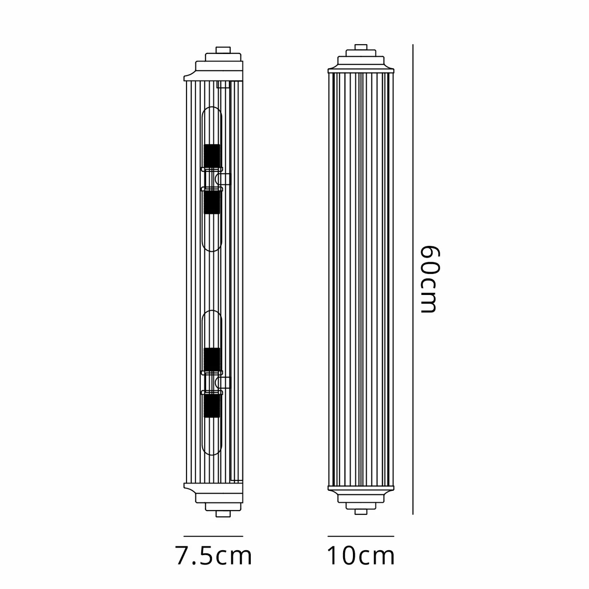 Line drawing of a fluted wall light with dimensions 60cm height, 7.5cm depth, and 10cm width