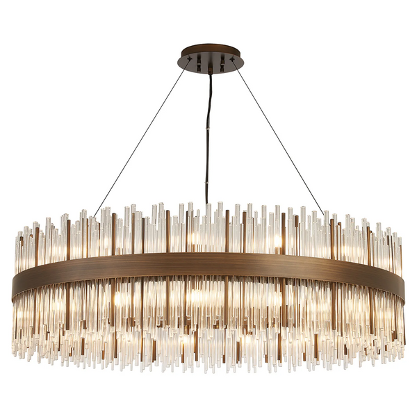 Oval chandelier with bronze frame and clear glass rods
