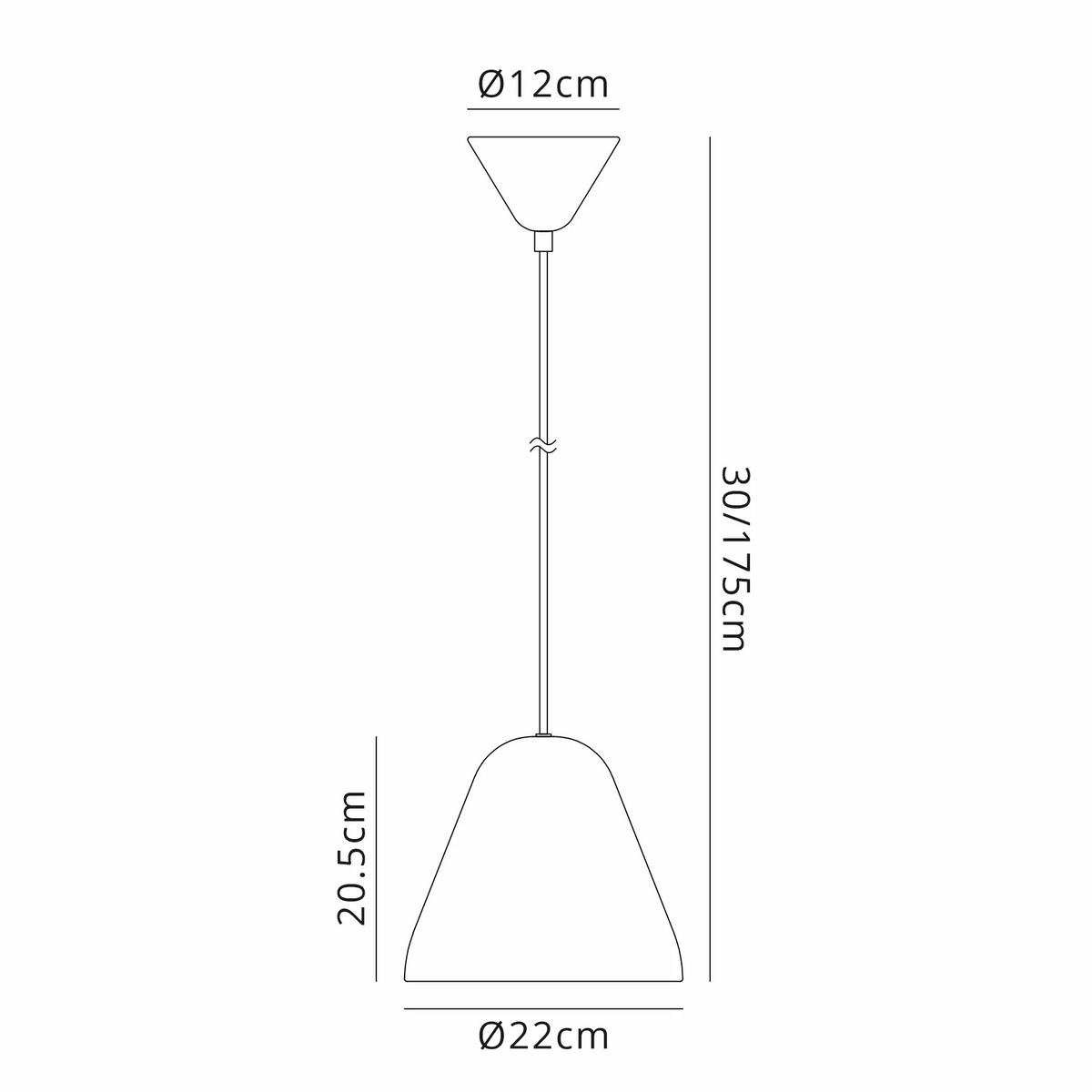 Line drawing of a pendant light with dimensions. Top diameter 12cm, shade height 20.5cm, shade diameter 22cm