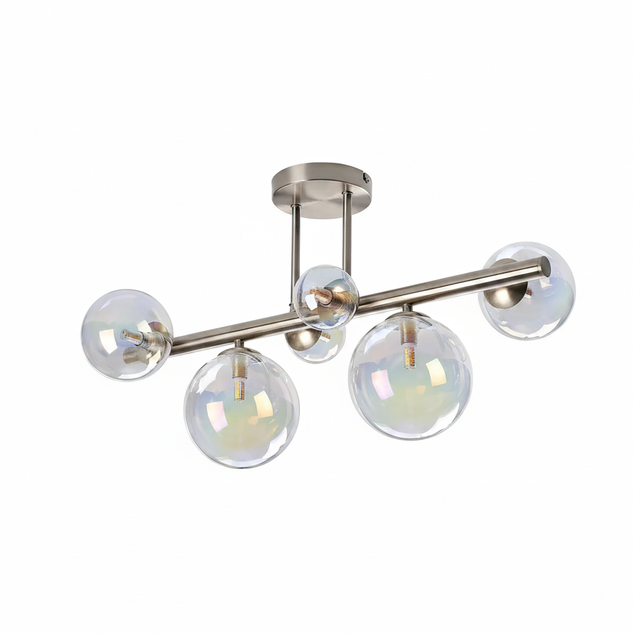 Shute 6lt Semi Flush Ceiling Light in Satin Nickel & Iridescent Plated Glass