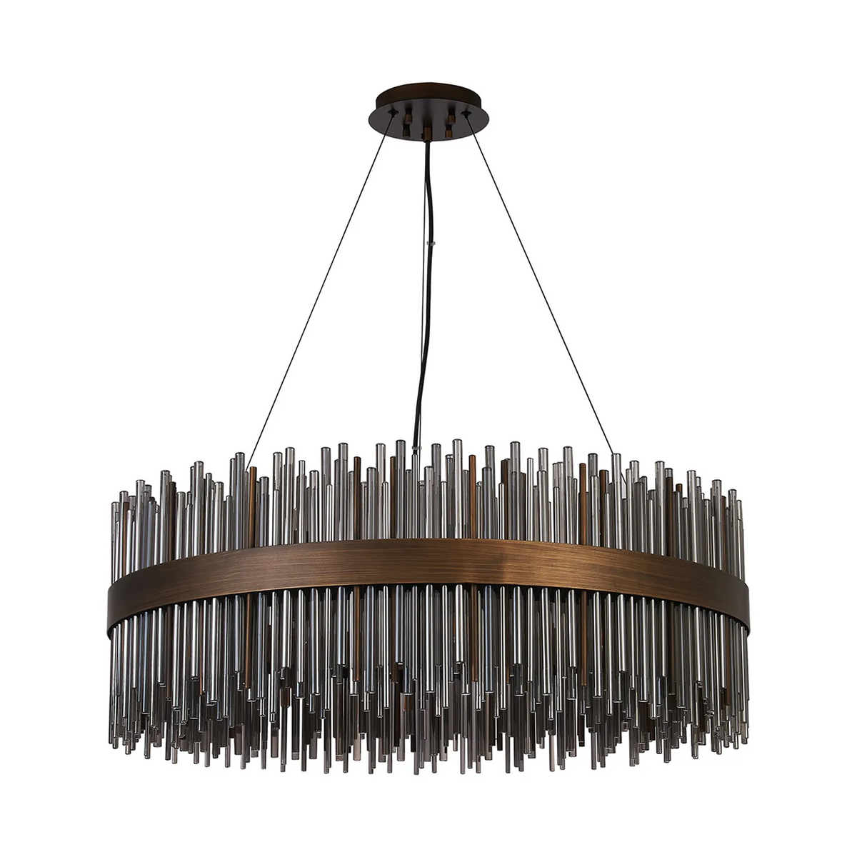 Round chandelier with bronze frame and hanging glass rods