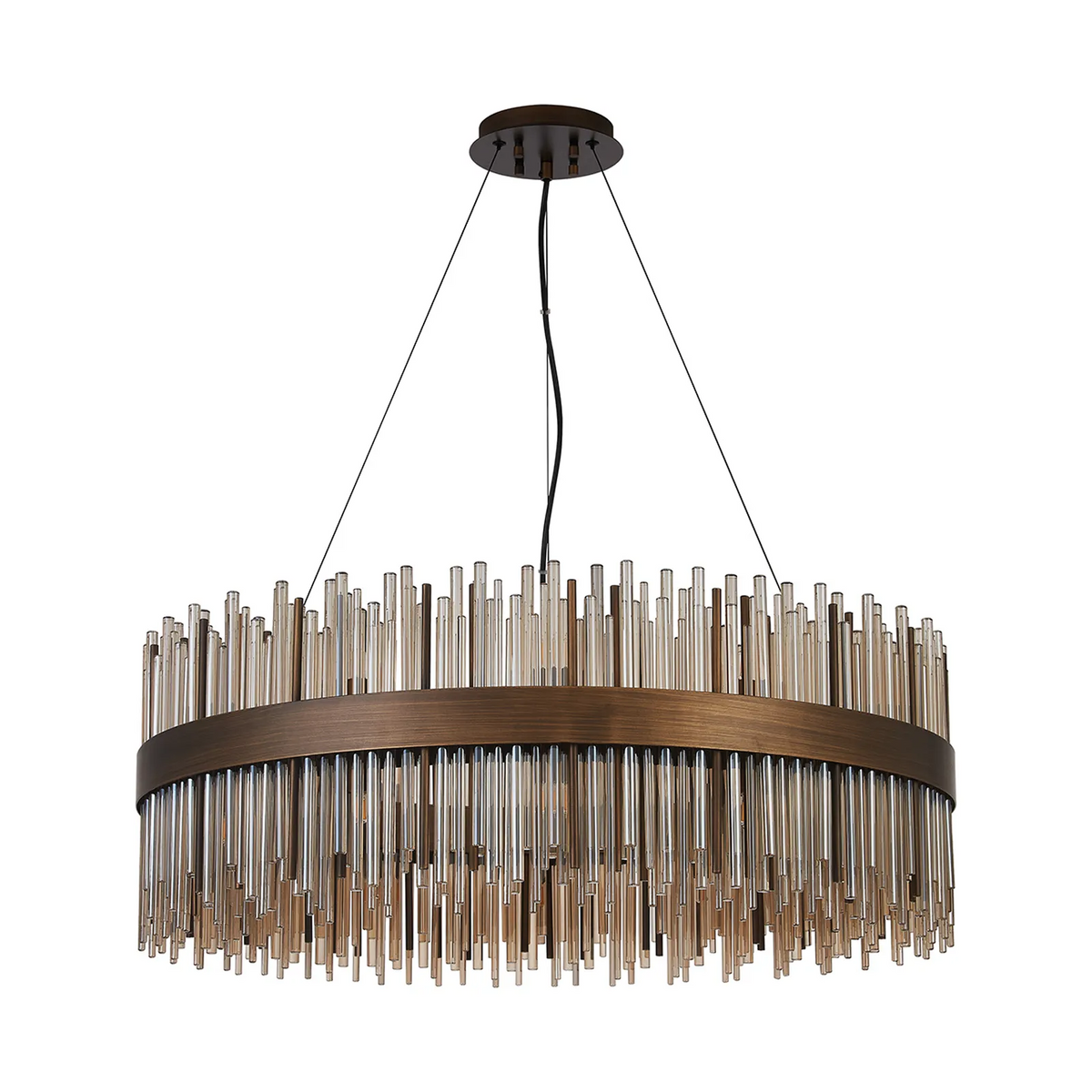 Round chandelier with bronze frame and hanging glass rods in varying lengths and shades of brown