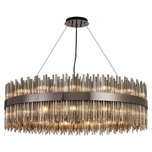 Oval chandelier with a dark metal frame and vertical glass rods, illuminated from within