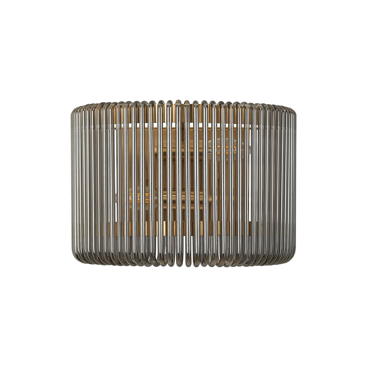 Cylindrical wall sconce with vertical chrome rods and gold interior frame