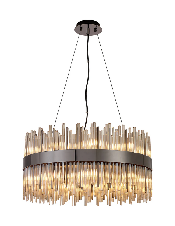 Round chandelier with a dark metal band and clear glass rods of varying lengths