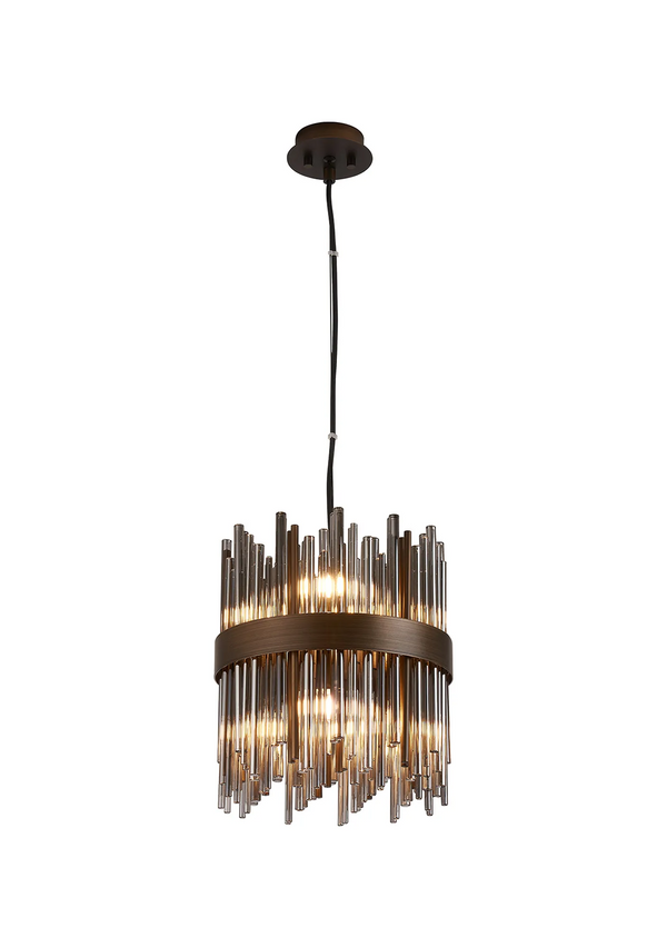 Bronze chandelier with two tiers of clear glass rods and exposed bulbs