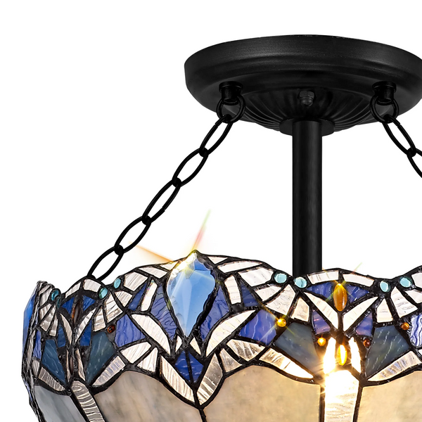 Oakley 40cm 3 Light Tiffany Semi Flush Ceiling Light in Black & Blue