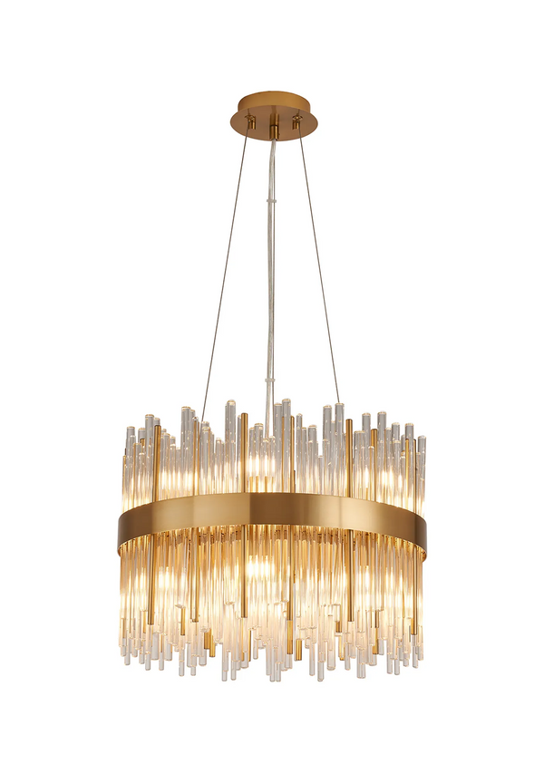 Gold chandelier with clear glass rods in a circular design