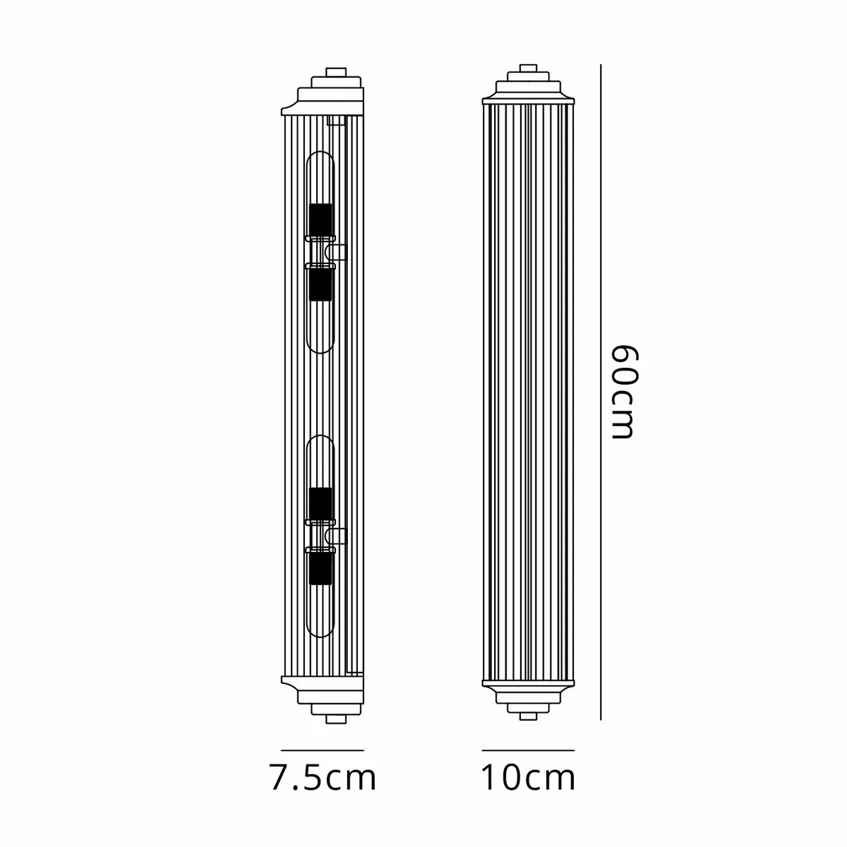 Technical drawing of a fluted wall light, showing front and side views with dimensions 60cm H x 7.5cm W x 10cm D