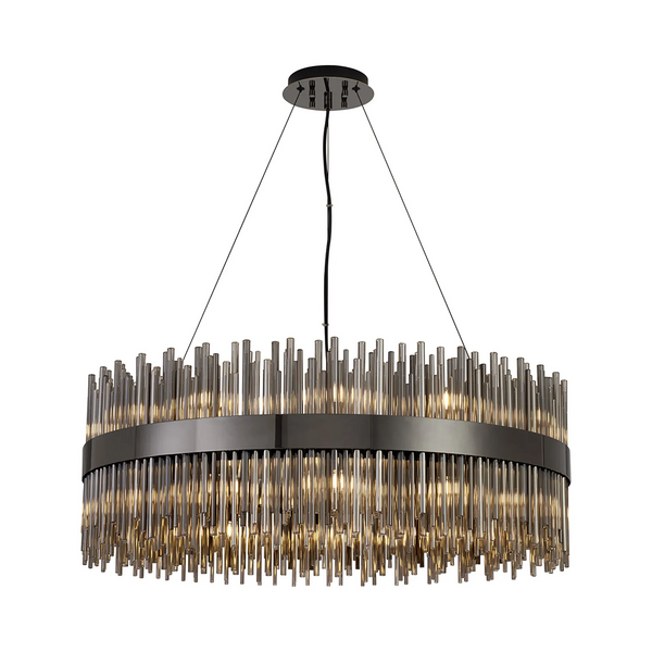 Round chandelier with a dark metal frame and numerous vertical glass rods, illuminated from within