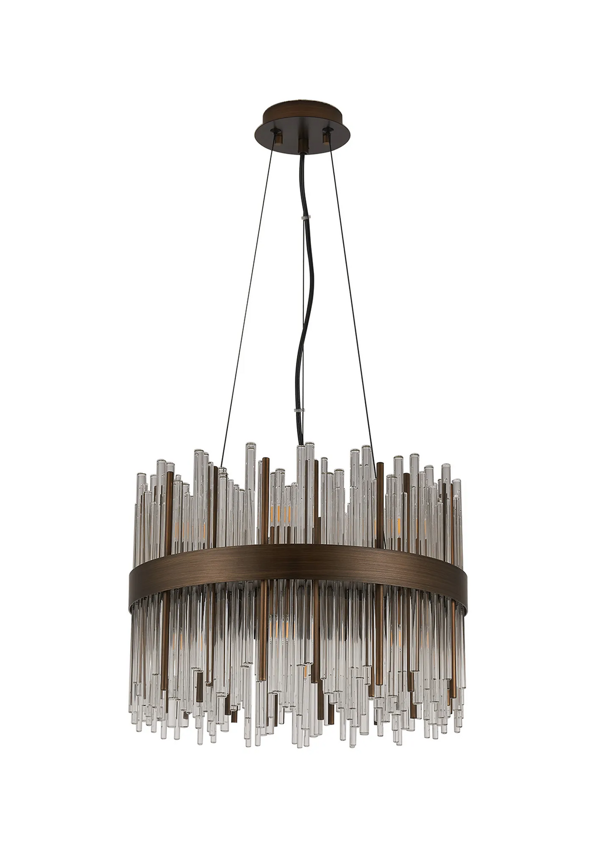 Round chandelier with bronze frame and clear glass rods