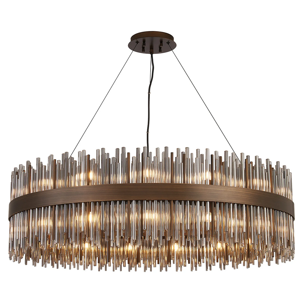 Oval chandelier with bronze frame and multiple clear glass rods
