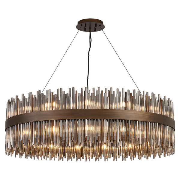 Oval chandelier with bronze frame and multiple clear glass rods