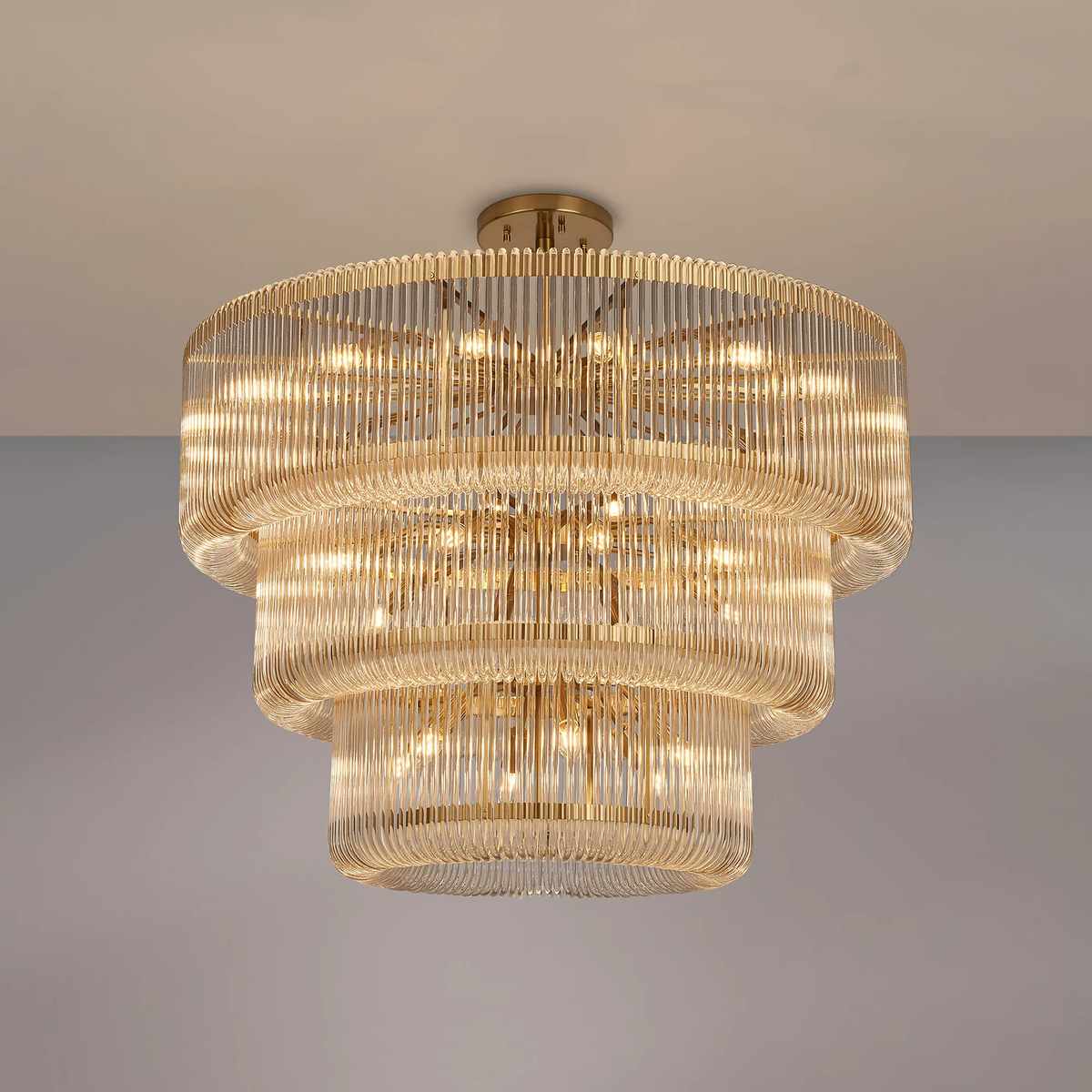 Jevington 1000mm Three Tier Pendant or Semi Flush in Brass with Clear Glass