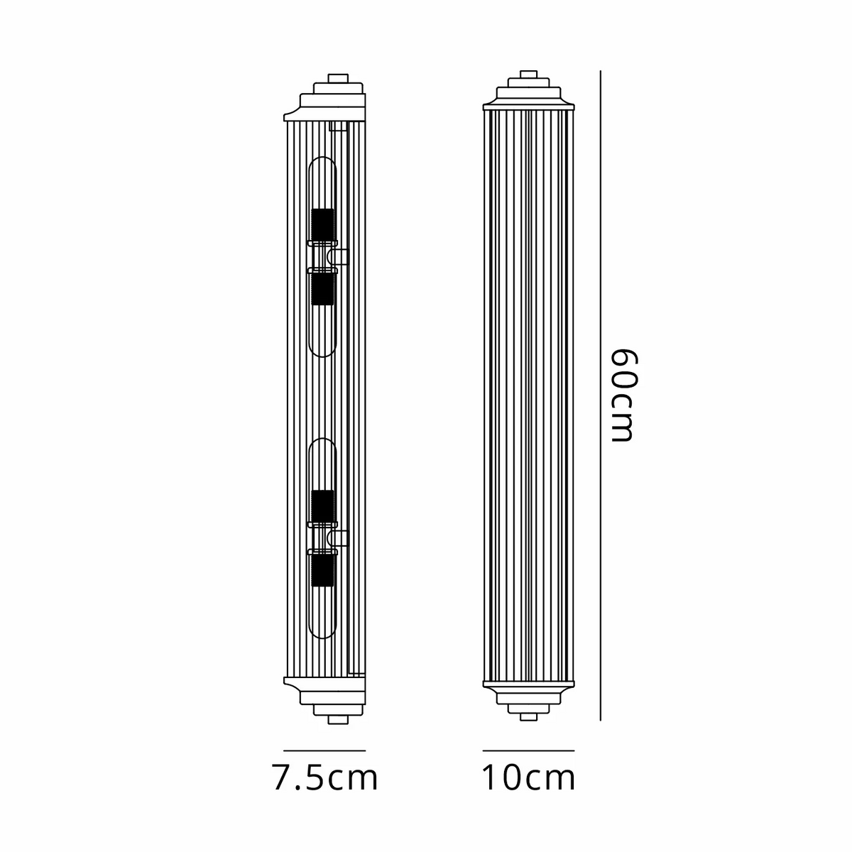Diagram of a cylindrical light fixture with dimensions 60cm height, 7.5cm depth, and 10cm width