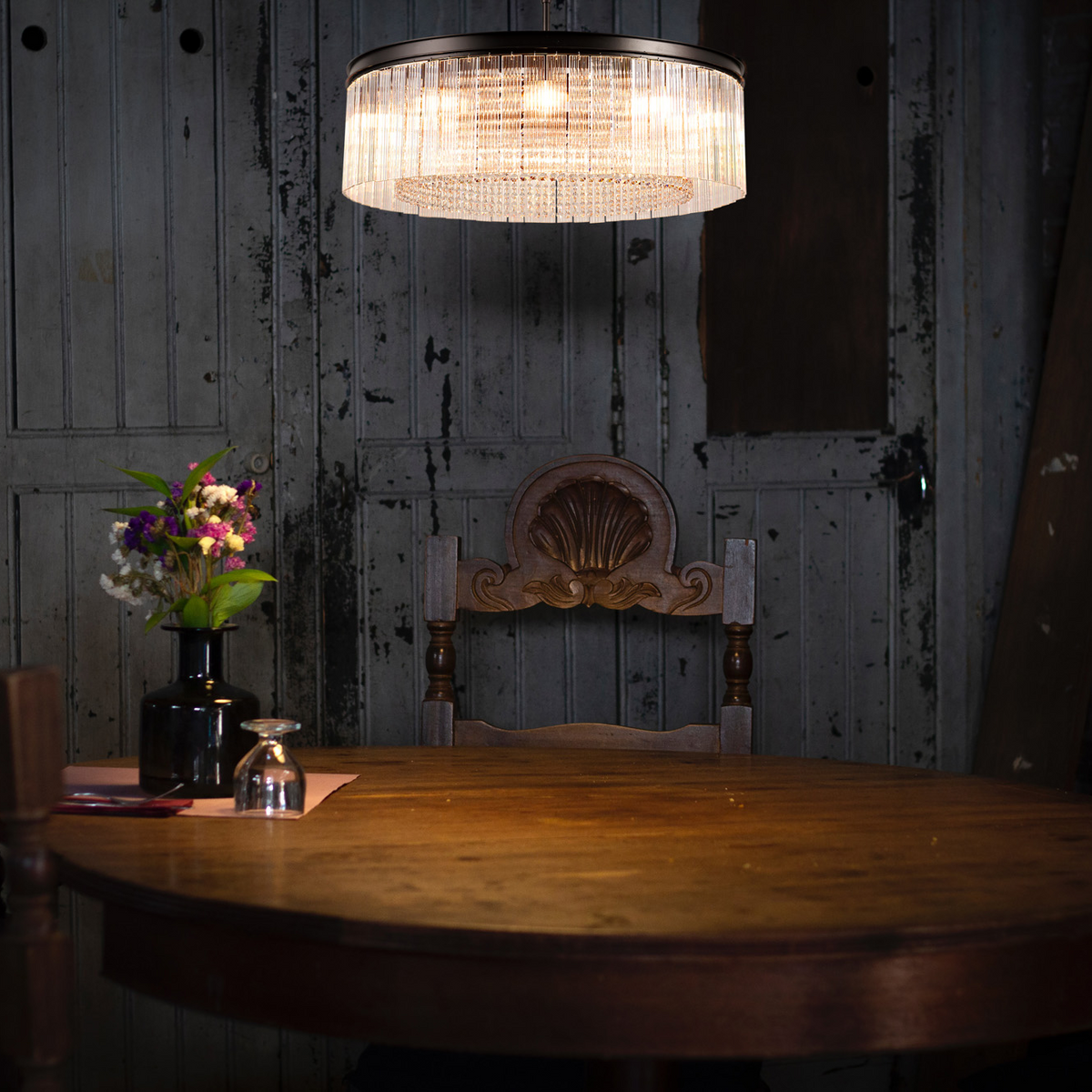 Beesands 800mm Pendant or Semi Flush in Brown Oxide with Clear Fluted Glass and Crystals