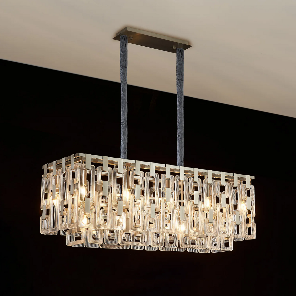 Heptonstall 1000mm Two Tier Linear Pendant in Satin Nickel with Clear Glass