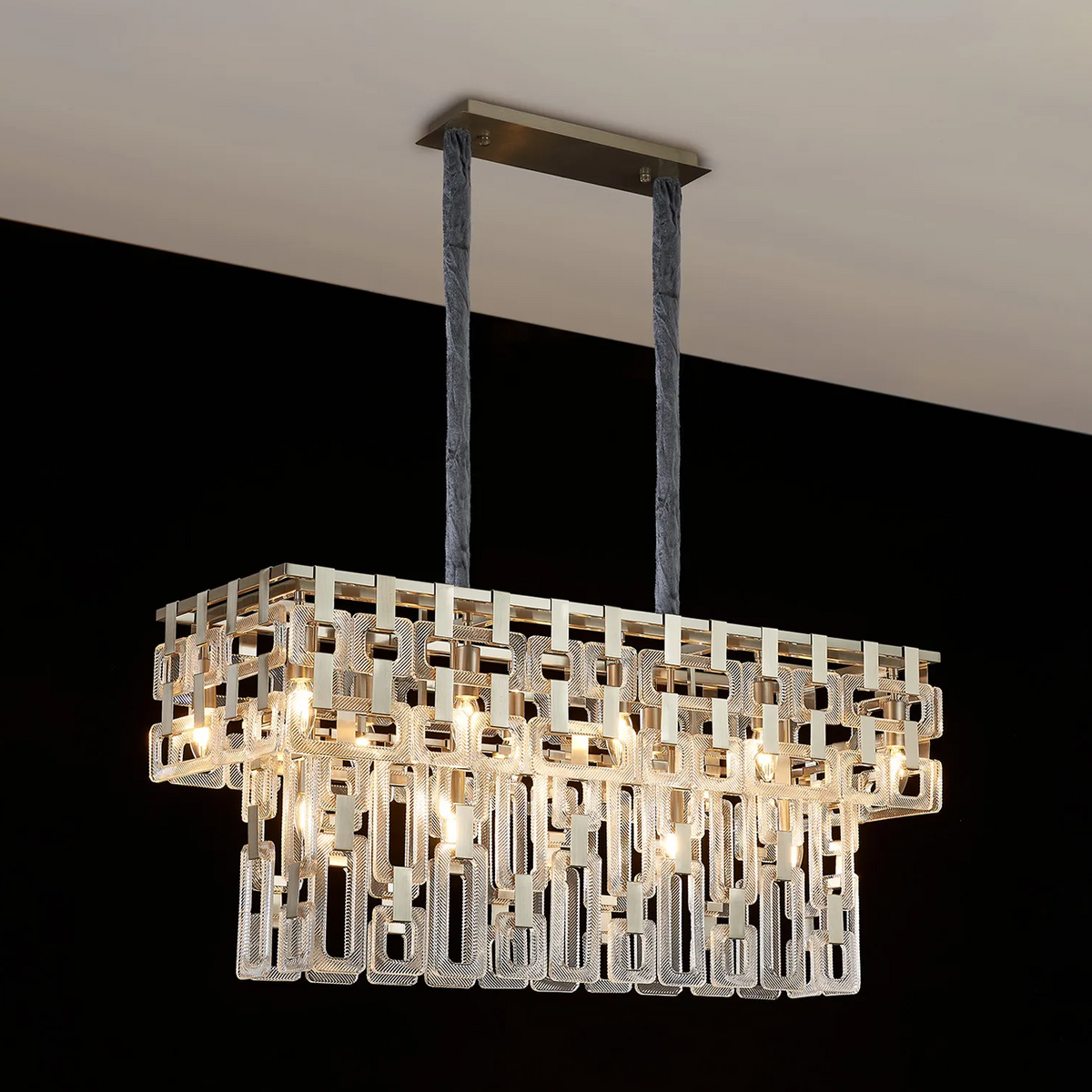 Heptonstall 1000mm Two Tier Linear Pendant in Satin Nickel with Clear Glass