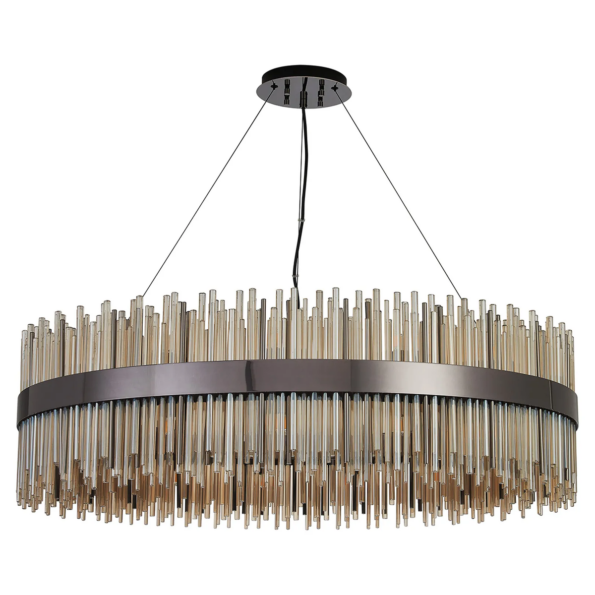 Oval chandelier with a dark metal frame and amber glass rods of varying lengths