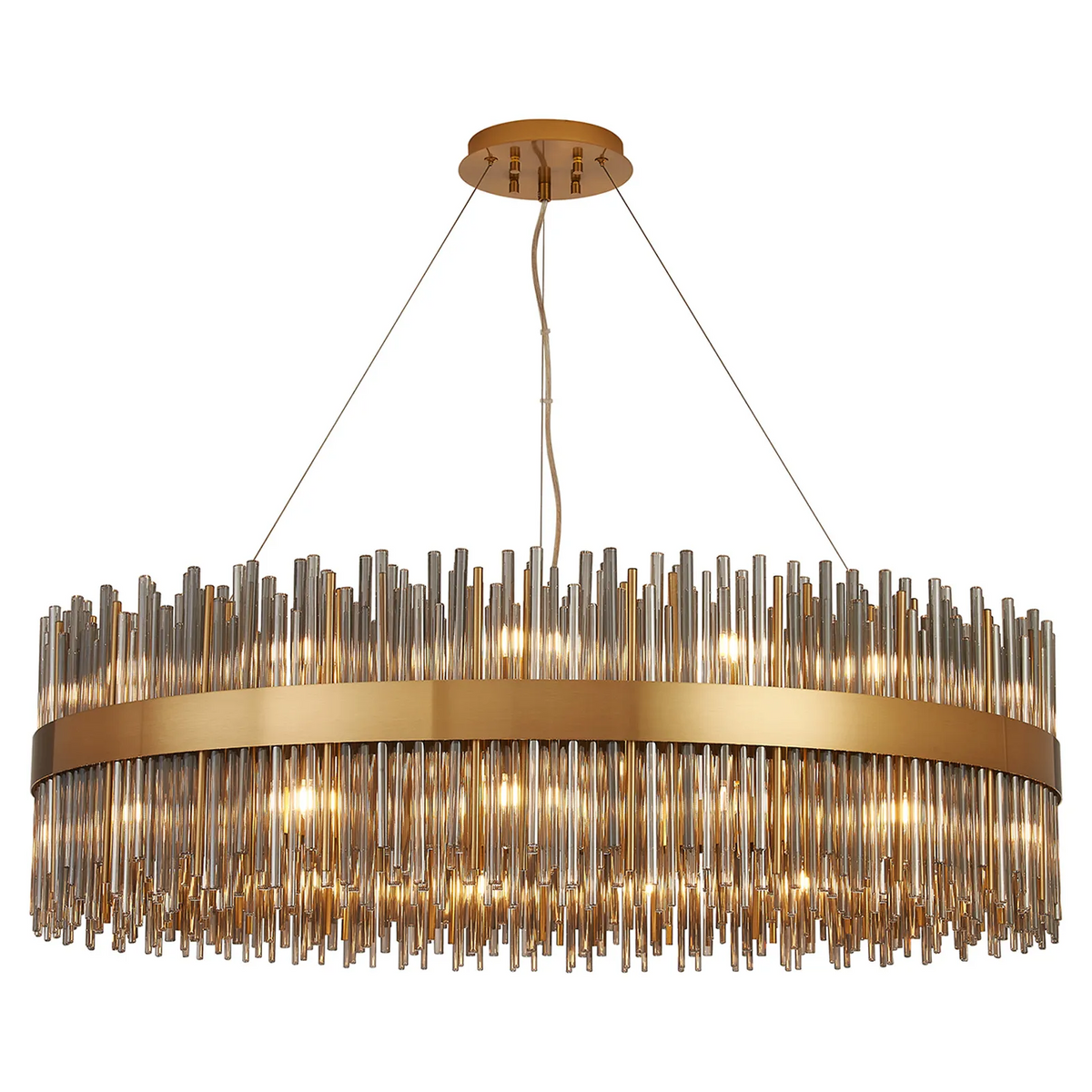 Oval chandelier with a gold frame and clear glass rods