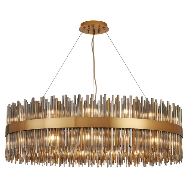 Oval chandelier with a gold frame and clear glass rods