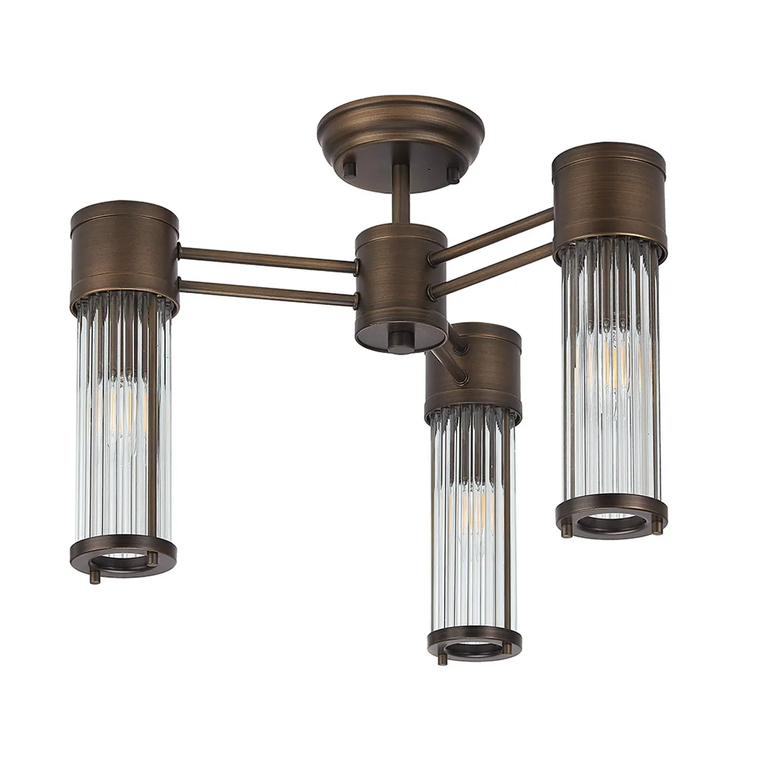 Tansley E14 IP44 Three Light Semi Flush Ceiling Light in Bronze with Clear Glass Rods