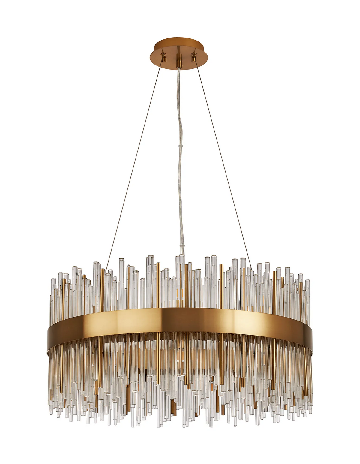 Round gold chandelier with clear glass rods hanging from a gold band