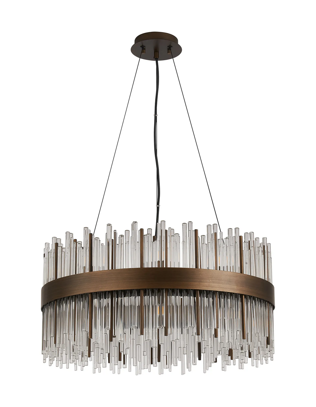Round chandelier with bronze frame and clear glass rods hanging at varying lengths