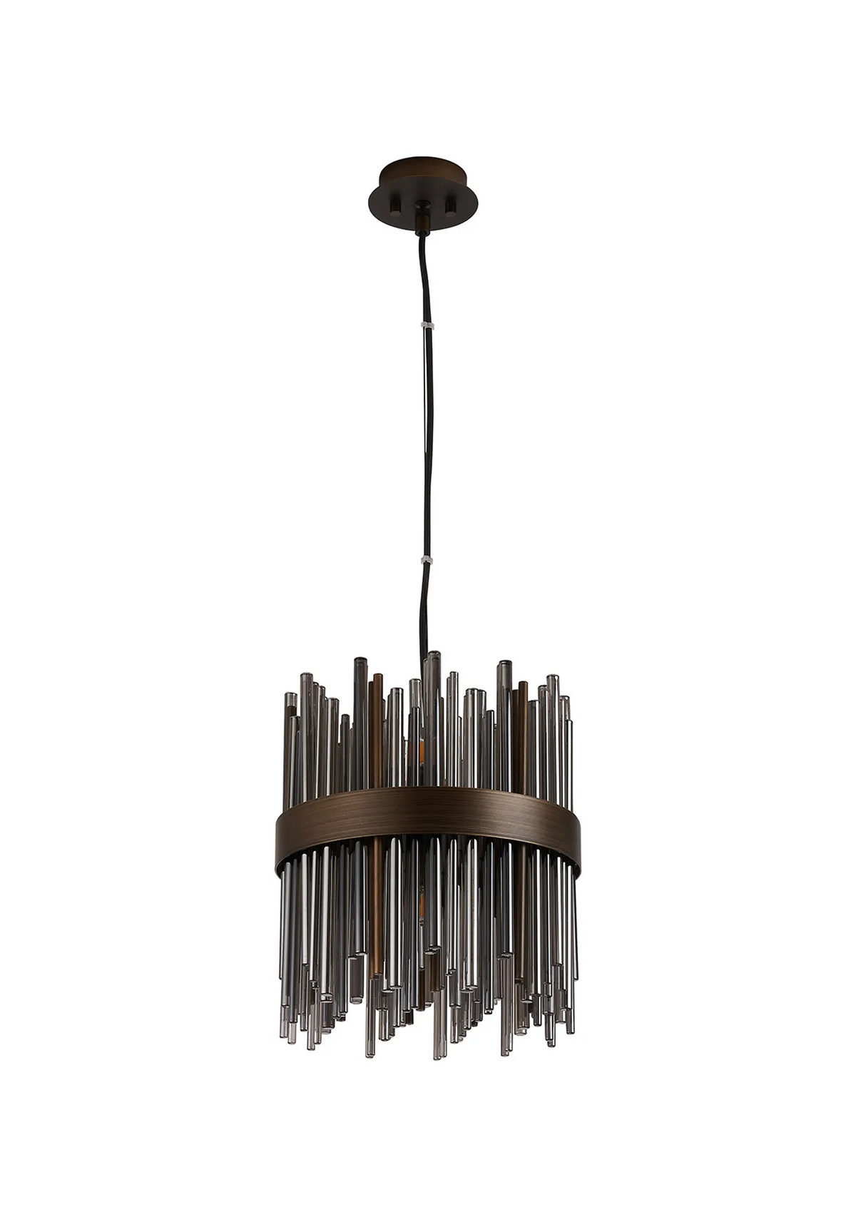Cylindrical pendant light with bronze finish and clear glass rods