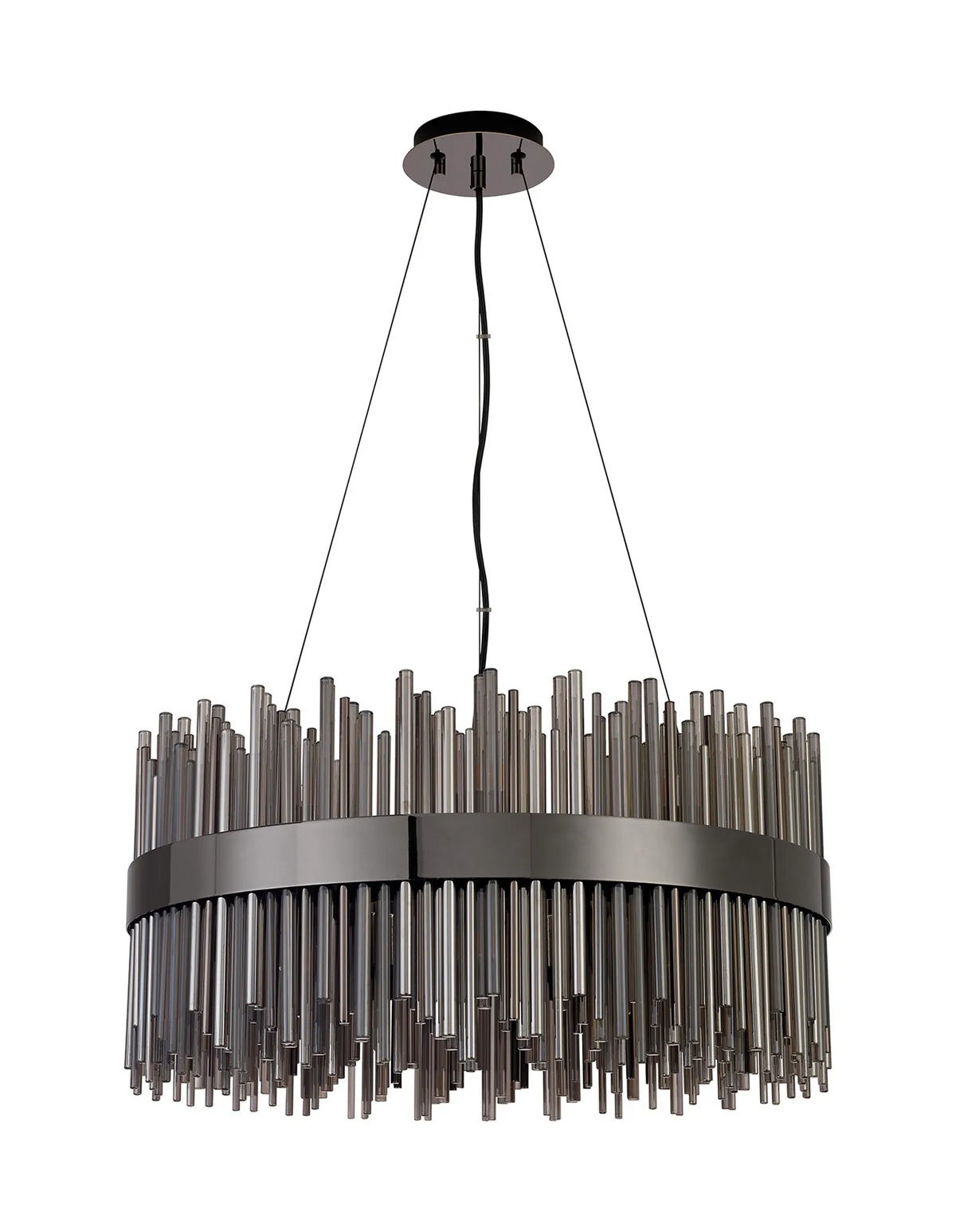 Round chandelier with a dark metal frame and multiple clear glass rods hanging down
