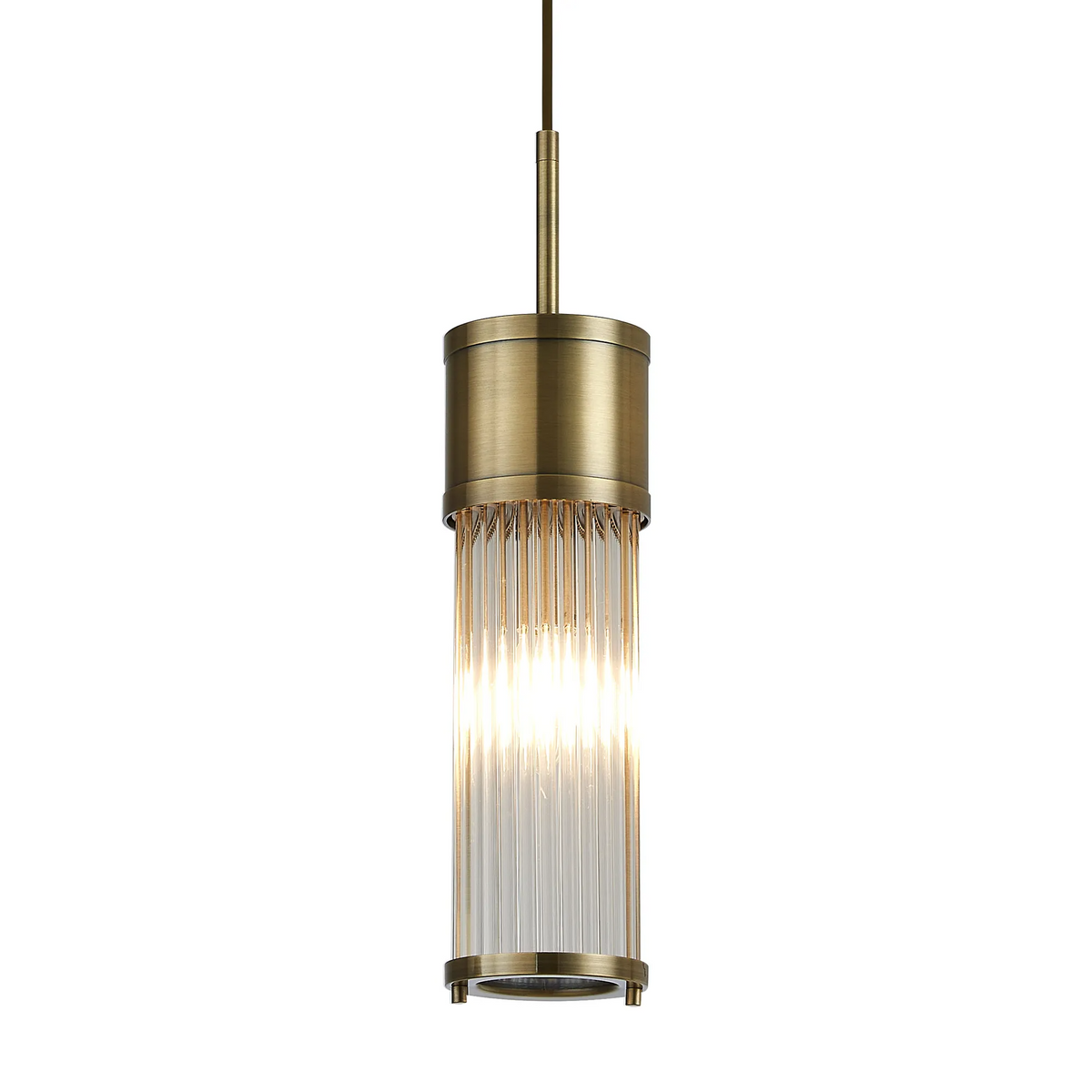 Tansley E14 IP44 Single Drop Pendant in Antique Brass with Clear Glass Rods